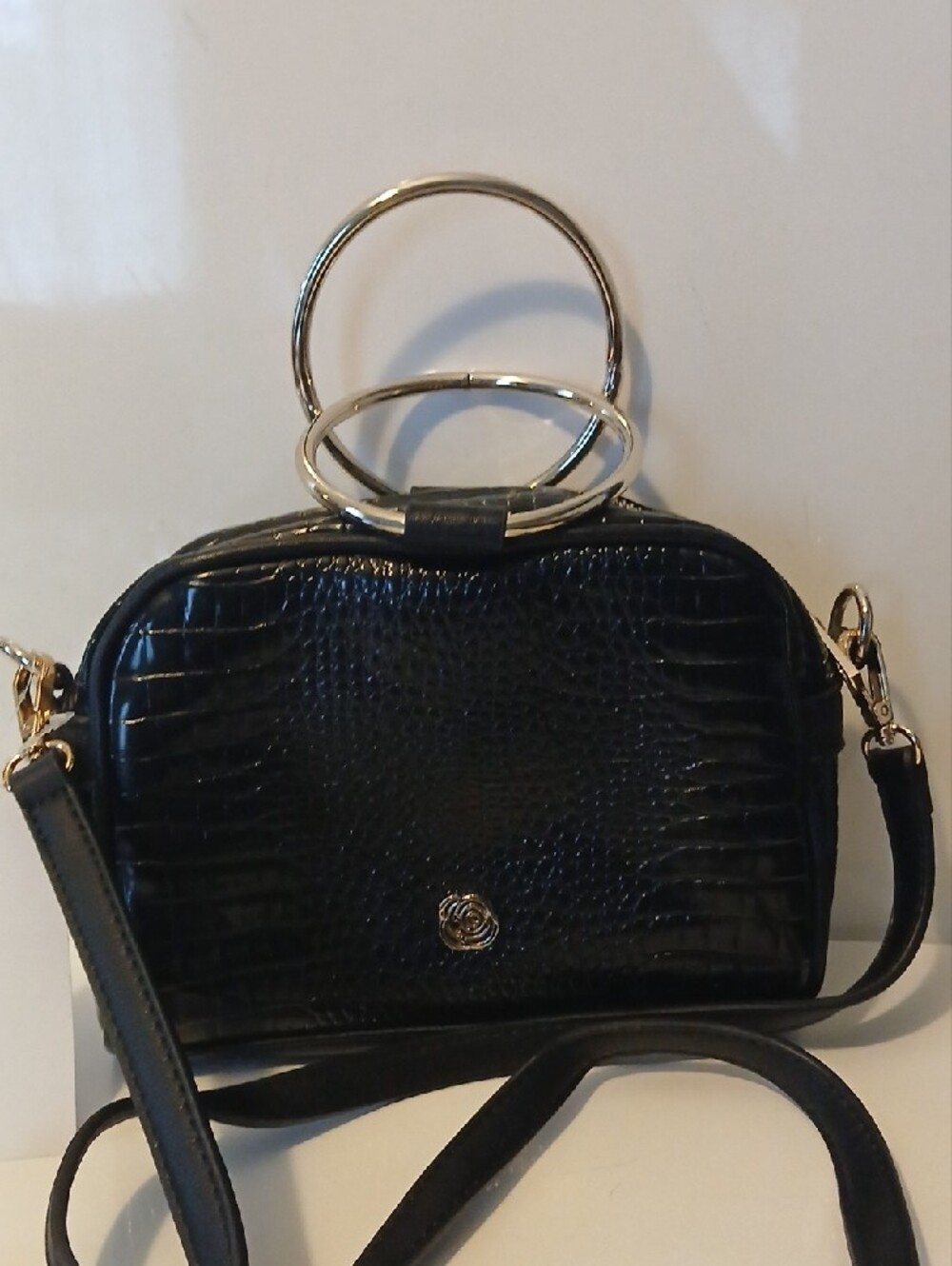 Carlos Santana Black Croc-Embossed Crossbody with Silver Ring Handle NWT